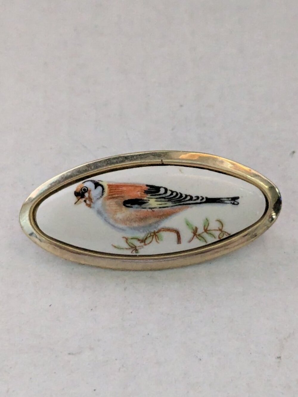 Vintage Hand Painted European Goldfinch Oval Brooch Pin